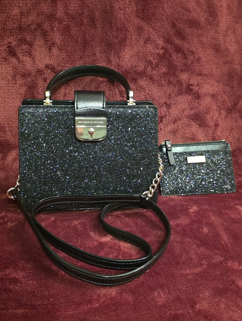Kate Spade black glitter top-handle crossbody with matching pouch